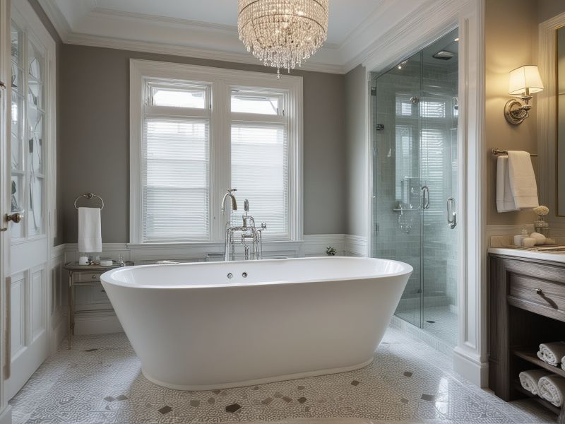 Luxury bathroom with freestanding bathtub and elegant tile flooring design