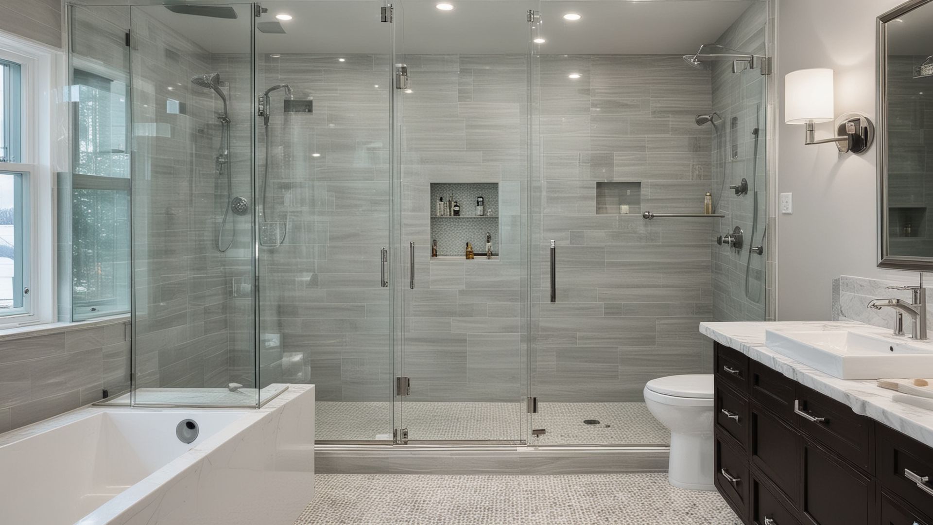 Complete bathroom renovation featuring walk-in shower with glass doors and modern tile work