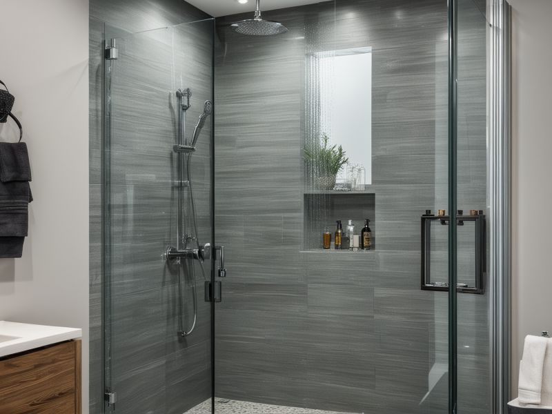 Modern bathroom shower with rainfall showerhead and contemporary glass enclosure