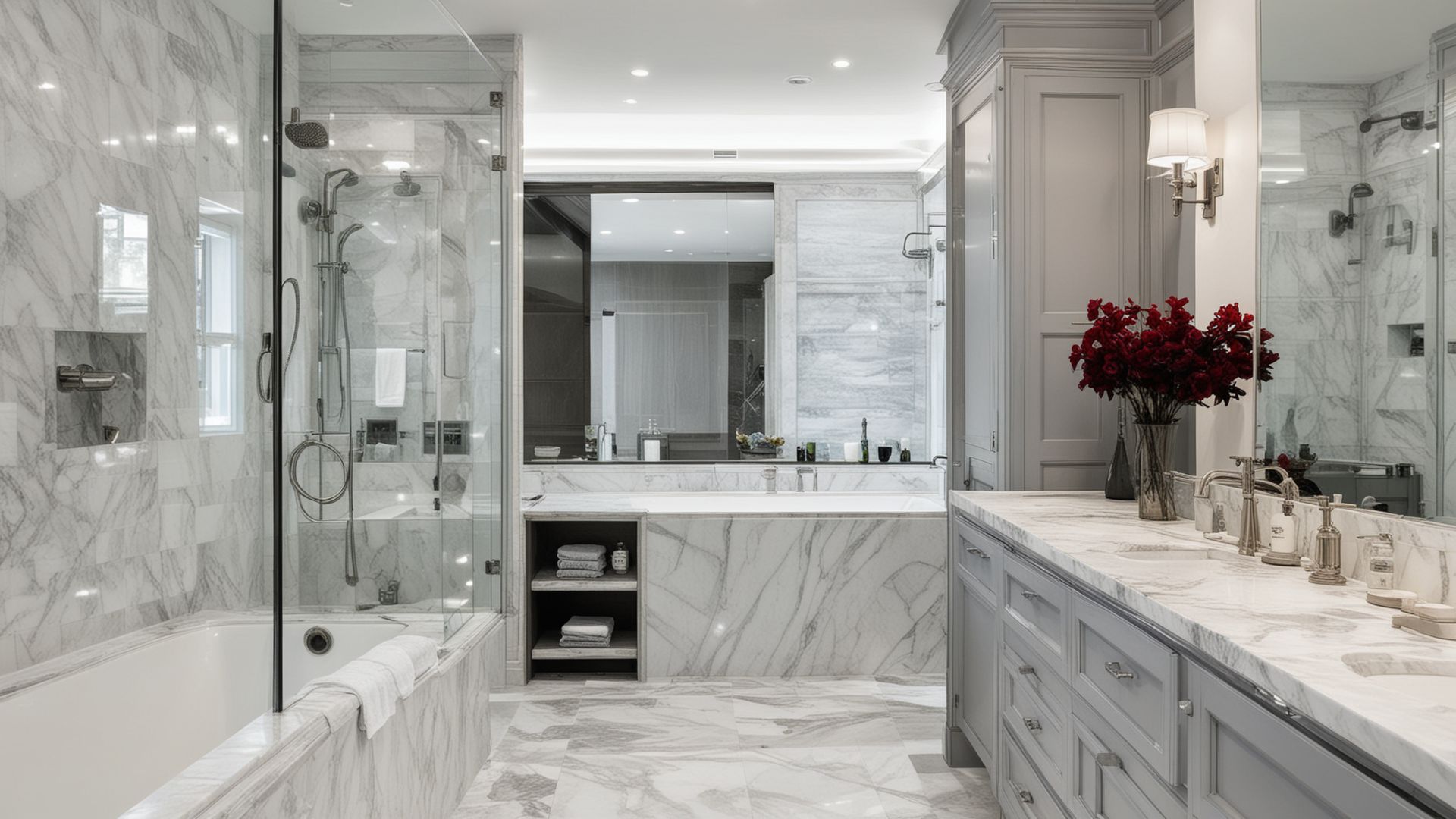 Modern luxury bathroom interior with marble tiles and elegant fixtures