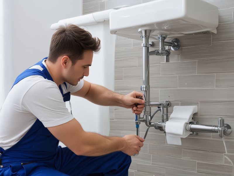 Professional plumber at work installing bathroom fixtures in modern bathroom setting