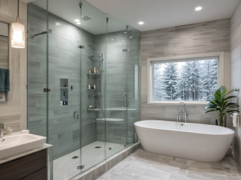 Collection of completed bathroom renovation projects showing diverse styles and quality craftsmanship