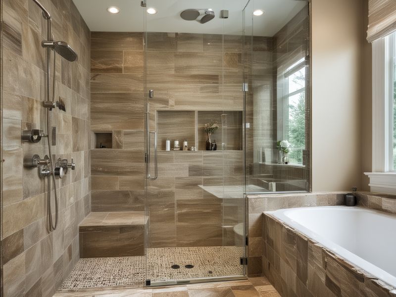 After renovation - modern luxury bathroom with marble tiles and premium fixtures